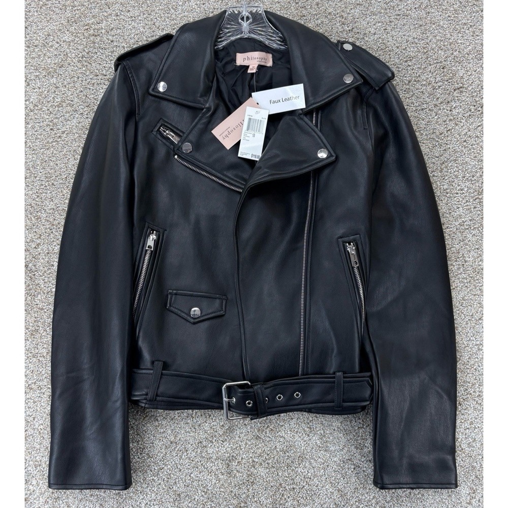 Philosophy Republic Clothing Women's Moto Jacket Size 10 Black Faux Leather NWT